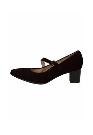 Zapato de salón Mary Jane de ante negro con punta afilada, correa ajustable y un tacón cuadrado modesto. Forro interior suave y superficie exterior texturizada.