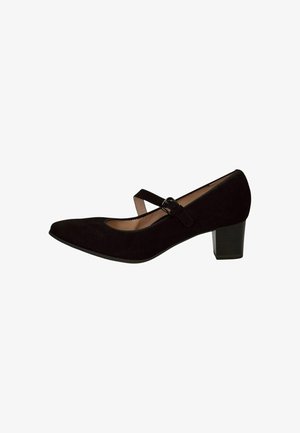 Černé nubukové Mary Jane lodičky se špičatou špičkou, nastavitelním páskem a umírněným blokovým podpatkem. Hladká vnitřní podšívka a texturovaný vnější povrch.
