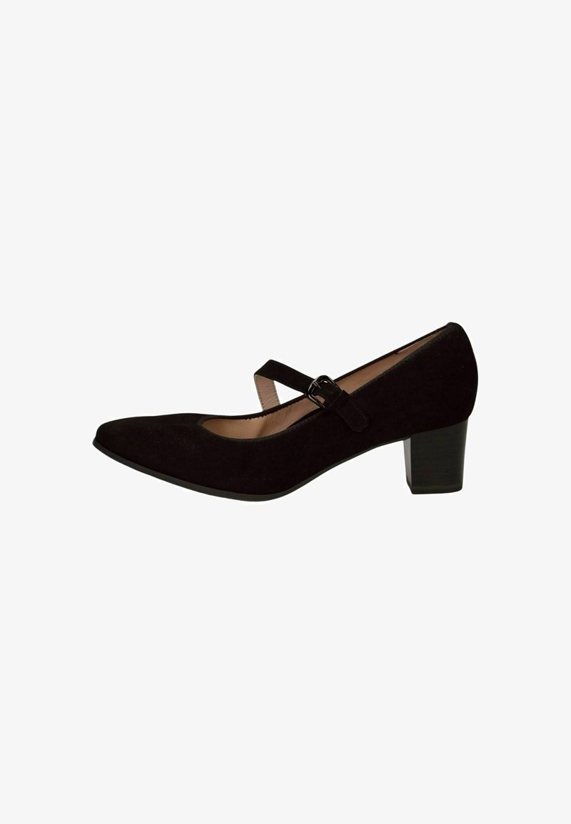 Černé nubukové Mary Jane lodičky se špičatou špičkou, nastavitelním páskem a umírněným blokovým podpatkem. Hladká vnitřní podšívka a texturovaný vnější povrch.