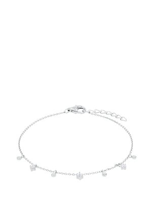 Hieno hopeaketjurannekoru, jossa on pieniä pyöreitä ja neliönmuotoisia riipuksia tasaisesti sijoitettuina. Siinä on hummarlukko ja säädettävät lenkit.