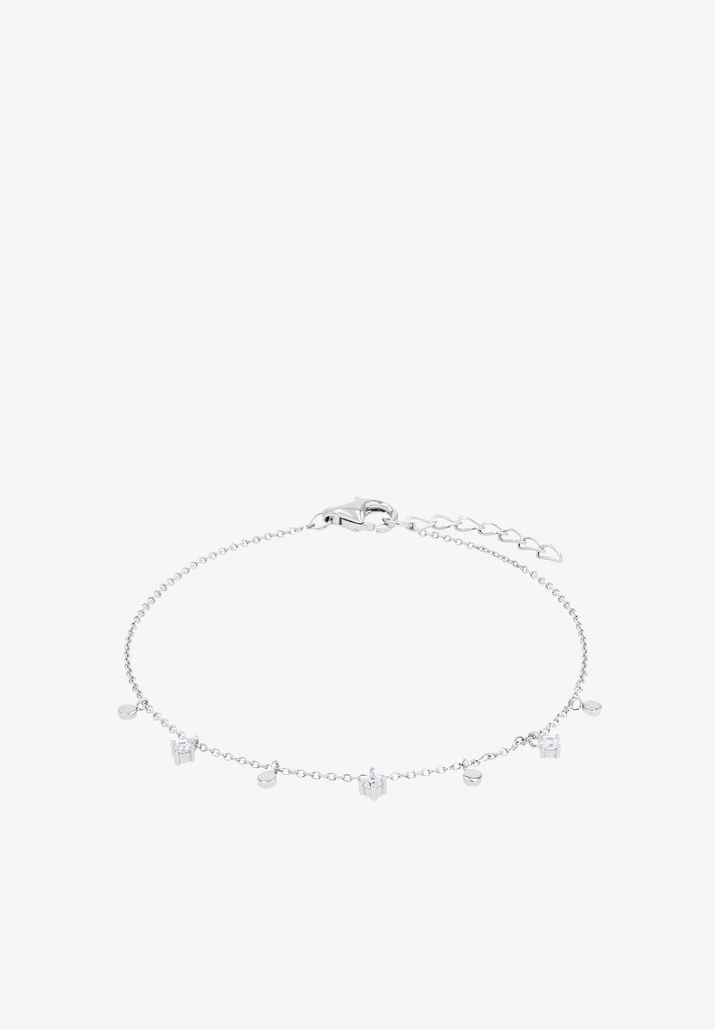 Bracelet délicat en chaîne d'argent avec des pendentifs charms ronds et carrés petits espacés uniformément, doté d'un fermoir mousqueton et de maillons réglables.