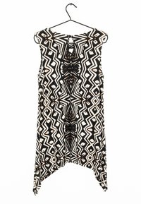 Bezramenná blůza vyrobená z lehkého materiálu s černobílým geometrickým vzorem, která má klíčovou díru na zadní straně a splývavý lem.