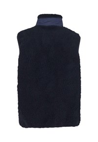 Mornarska flis prsluk s visokim ovratnikom, teksturiran, bez rukava, od mekog materijala, s čistim rubovima. Bez vidljivih zatvarača ili uzoraka.