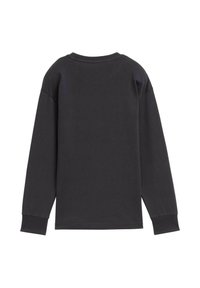 Schwarzes langärmliges Crew-Neck-Shirt mit gerippten Bündchen, flach ausgelegt und von hinten gezeigt.