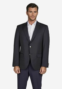 Navy-Blazer aus glattem Stoff, mit zwei Vorder-Taschen, einer Einzelknopf-Verschluss und strukturierten Schultern für eine taillierte Passform.