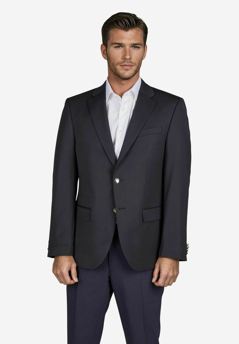 Navy-Blazer aus glattem Stoff, mit zwei Vorder-Taschen, einer Einzelknopf-Verschluss und strukturierten Schultern für eine taillierte Passform.