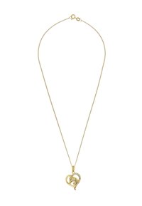 Goldene Halskette mit einem herzförmigen Anhänger, der miteinander verbundene Figuren und kleine klare Strasssteine entlang der Kante aufweist. Glatte Textur.