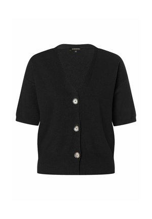 Schwarze Strickjacke mit kurzen Ärmeln, V-Ausschnitt und vier silbernen Knöpfen vorne. Weiche Textur, lockere Passform und schlichtes Design.