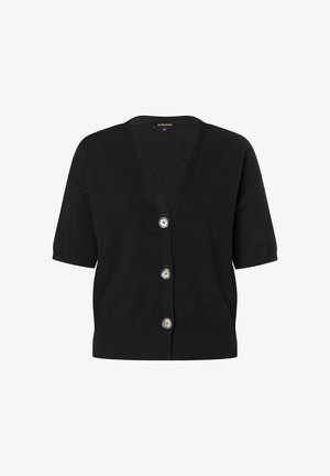 Zwarte gebreide cardigan met korte mouwen, V-hals en vier zilveren knopen aan de voorkant. Zachte textuur, relaxte pasvorm en een eenvoudig ontwerp.