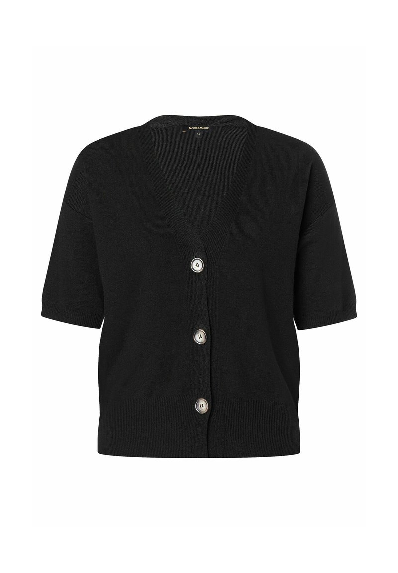 Black knitted cardigan with short sleeves, V-neck, and four silver buttons on the front. Soft texture, relaxed fit, and simple design.