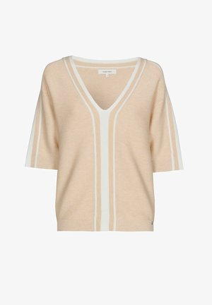 Lichtbeige gebreide trui met korte mouwen en diepe V-hals, met witte strepen in het midden en op de mouwen. Klassieke pasvorm.
