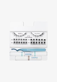 Kit di ciglia finte in visone sintetico con lunghezze variabili (10mm, 12mm, 14mm, 18mm), applicatore blu e tubi di adesivo e rimuovi in una scatola bianca.