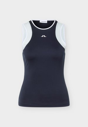 Camiseta deportiva sin mangas azul marino con ribete blanco, paneles de malla blanca perforada en los hombros y un pequeño logotipo blanco centrado en el pecho.