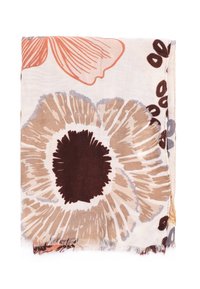 Scarf piegato con grandi motivi floreali marroni e beige su uno sfondo bianco e con sottili bordi sfrangiati.