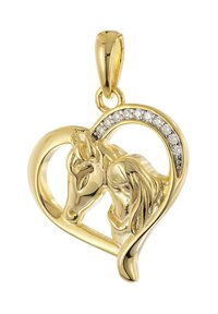 Goldenes herzförmiges Medaillon mit detaillierten Pferdeköpfen, die sich einander zuwenden. Eine Seite ist mit kleinen klaren Steinen verziert.