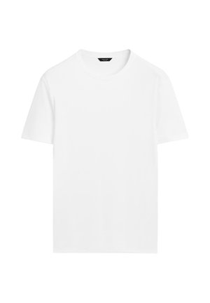 Hvid bomulds t-shirt med rund hals, korte ærmer og lige skæring. Har en glat, let tekstur og ingen synlige mønstre.