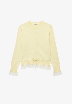 Lichtgeel gebreid vest met lange mouwen, knoopsluiting, geribbelde manchetten, een trekkoord in de taille en witte kanten afwerking aan de mouwen en zoom.