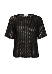 Czarny dzianinowy top o luźnym kroju, krótkich rękawach i teksturowanym, ażurowym wzorze z falistymi krawędziami na dole i rękawach.