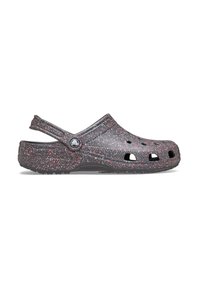 Black and red speckled clogs made of lightweight synthetic material, featuring ventilation holes, back strap, and a textured sole.