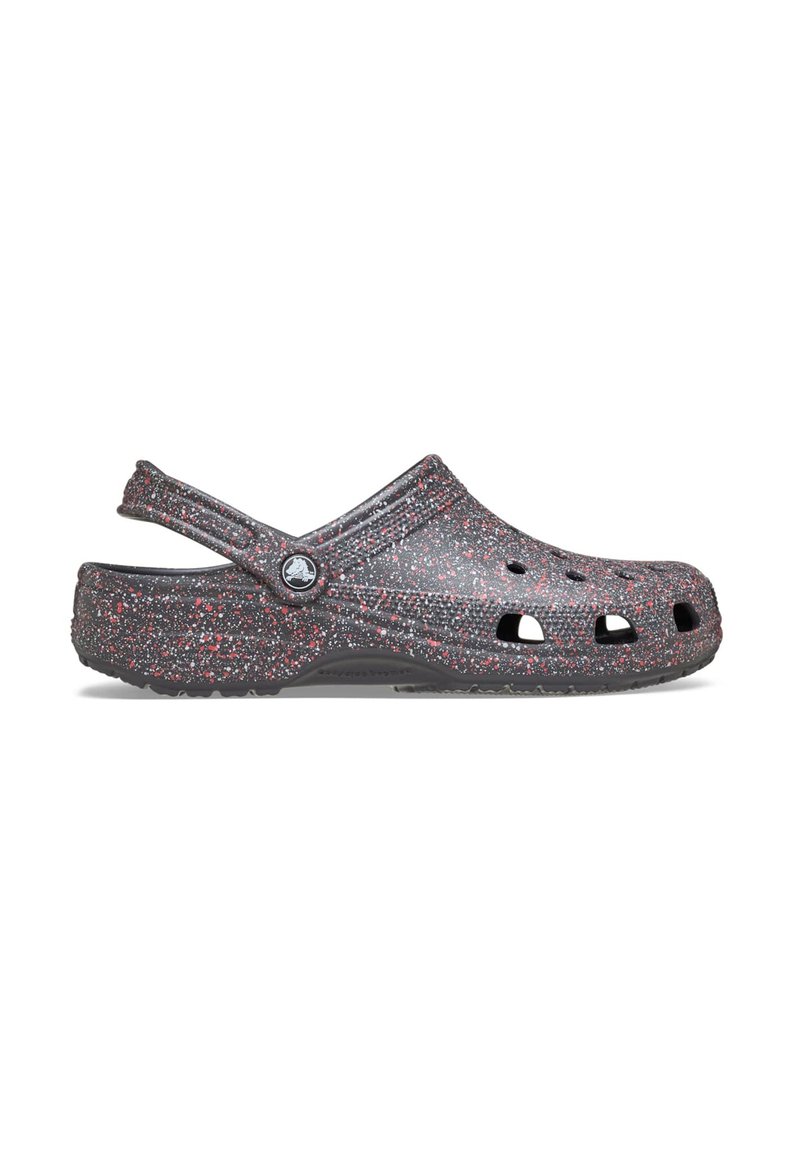 Black and red speckled clogs made of lightweight synthetic material, featuring ventilation holes, back strap, and a textured sole.