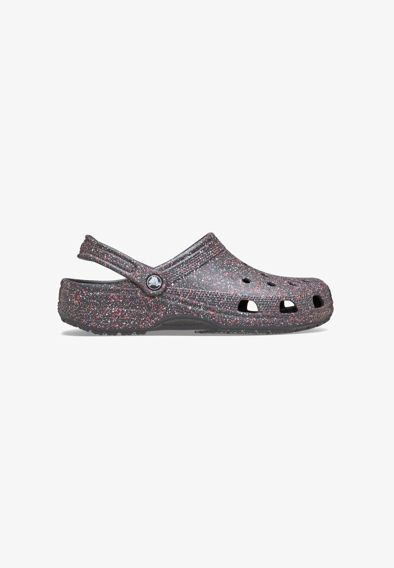 Black and red speckled clogs made of lightweight synthetic material, featuring ventilation holes, back strap, and a textured sole.