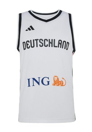 Maillot de sport blanc sans manches avec bordures noires, texte "DEUTSCHLAND" sur la poitrine, logo Adidas et logo du sponsor ING avec lion orange.