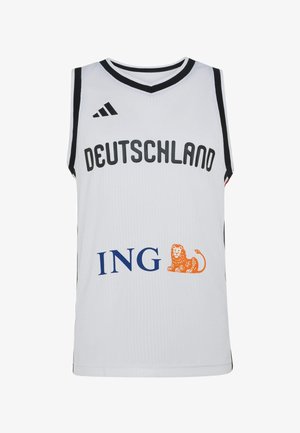 Maillot de sport blanc sans manches avec bordures noires, texte "DEUTSCHLAND" sur la poitrine, logo Adidas et logo du sponsor ING avec lion orange.