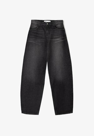 High-waisted black denim jeans with a relaxed fit, subtle fading, five-pocket design, and a button closure. Smooth texture throughout.