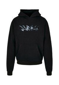 Sort hættetrøje med frontlomme, snoretræk ved hætten og en grafisk design i sølv. Lavet af blødt stof med ribbet manchetter.