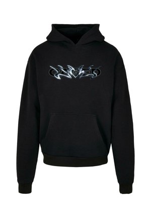 Schwarzer Hoodie mit einer vorderen Kängurutasche, einer Kapuze mit Kordelzug und einem grafischen Design in Silber. Aus weichem Stoff mit gerippten Bündchen gefertigt.