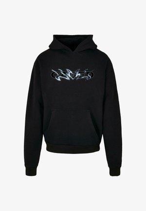 Hanorac negru cu buzunar frontal tip cangur, glugă cu șnur și un design grafic argintiu. Fabricat dintr-un material moale cu manșete wish rib.