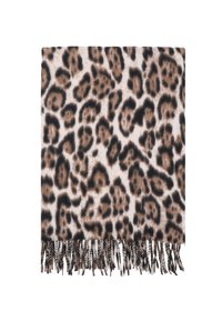 Sciarpa con motivo leopardato, caratterizzata da tonalità beige, marrone e nera, bordi frangiati, texture morbida e forma rettangolare.