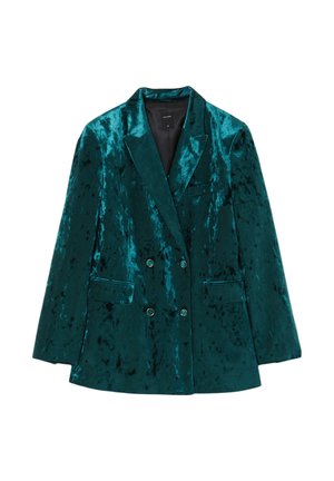Blazer doppiopetto in velluto teal con rever a dito, due tasche frontali e dettagli in bottone dorato. Texture liscia con un leggero luccichio.