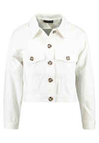 Hvid cropped denimjakke med lange ærmer, store brune knapper foran og på to brystlommer med klap, klassisk krave.