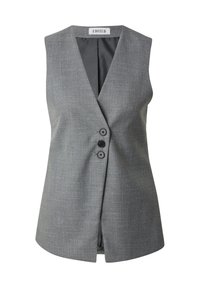 Grijze mouwloze vest met een V-hals ontwerp en drie zwarte knopen aan de voorkant. Gemaakt van een gestructureerde stof met een zachte binnenvoering.
