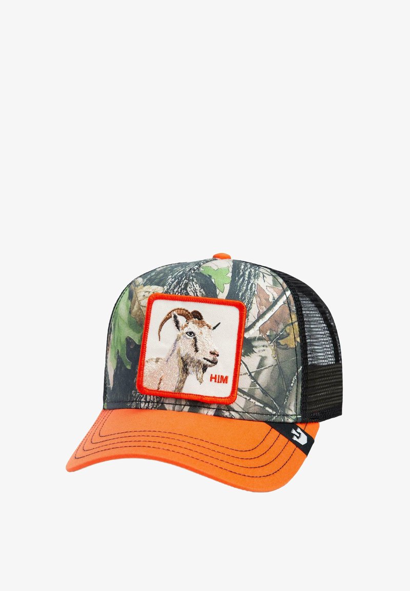 Camouflage cap with orange bill and mesh back. Features a goat patch with red border, includes text "HIM" underneath the image.