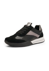 Black sneaker with suede and leather panels, featuring a textured toe, gray accents, round laces, and a white rubber sole.