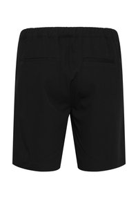 Pantaloni corti neri con una cintura elastica, due tasche posteriori, design frontale piatto e texture del tessuto liscia. Nessun motivo visibile o parti metalliche.