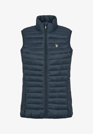 Jūras spēku puffer vestes ar augstu apkakli, vertikālu k9624rtējuma rakstu, priekšējo rāvējslēdzēju un nelielu emblēmu uz krūšu daļas. Viegls, ikdienas dizains.