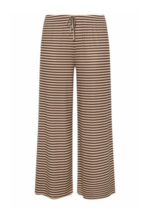 Pantalon à jambes larges avec rayures horizontales marron et beige et taille à cordon, présenté sur un fond blanc.