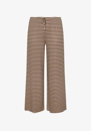 Bukser med vide ben med horisontale brune og beige striber samt snøre i taljen, vist mod en hvid baggrund.