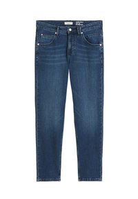 Donkerblauwe denim jeans met een relaxte pasvorm, vijf zakken en geborduurde accenten bij de zakken. Soepele textuur en klassieke snit.