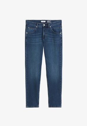 Donkerblauwe denim jeans met een relaxte pasvorm, vijf zakken en geborduurde accenten bij de zakken. Soepele textuur en klassieke snit.