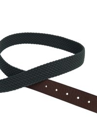 Woven dark green belt with a textured pattern, featuring a brown leather strap with holes for adjustment. Durable and flexible design.