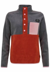Fleece pullover met een hoge kraag, in grijs en roest kleuren, met roze knopen en een contrasterende roze borstzak.