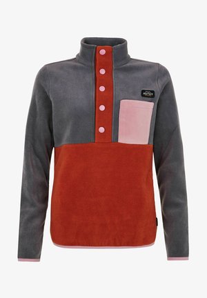 Fleece pullover with a high collar, featuring gray and rust colors, pink buttons, and a contrasting pink chest pocket.