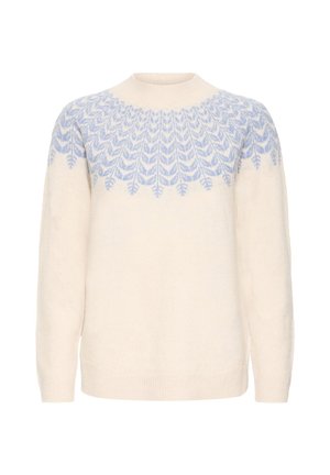 Pull en maille crème avec motif feuilles bleu clair sur l'empiècement et les manches longues, poignets et ourlet côtelés, col rond.