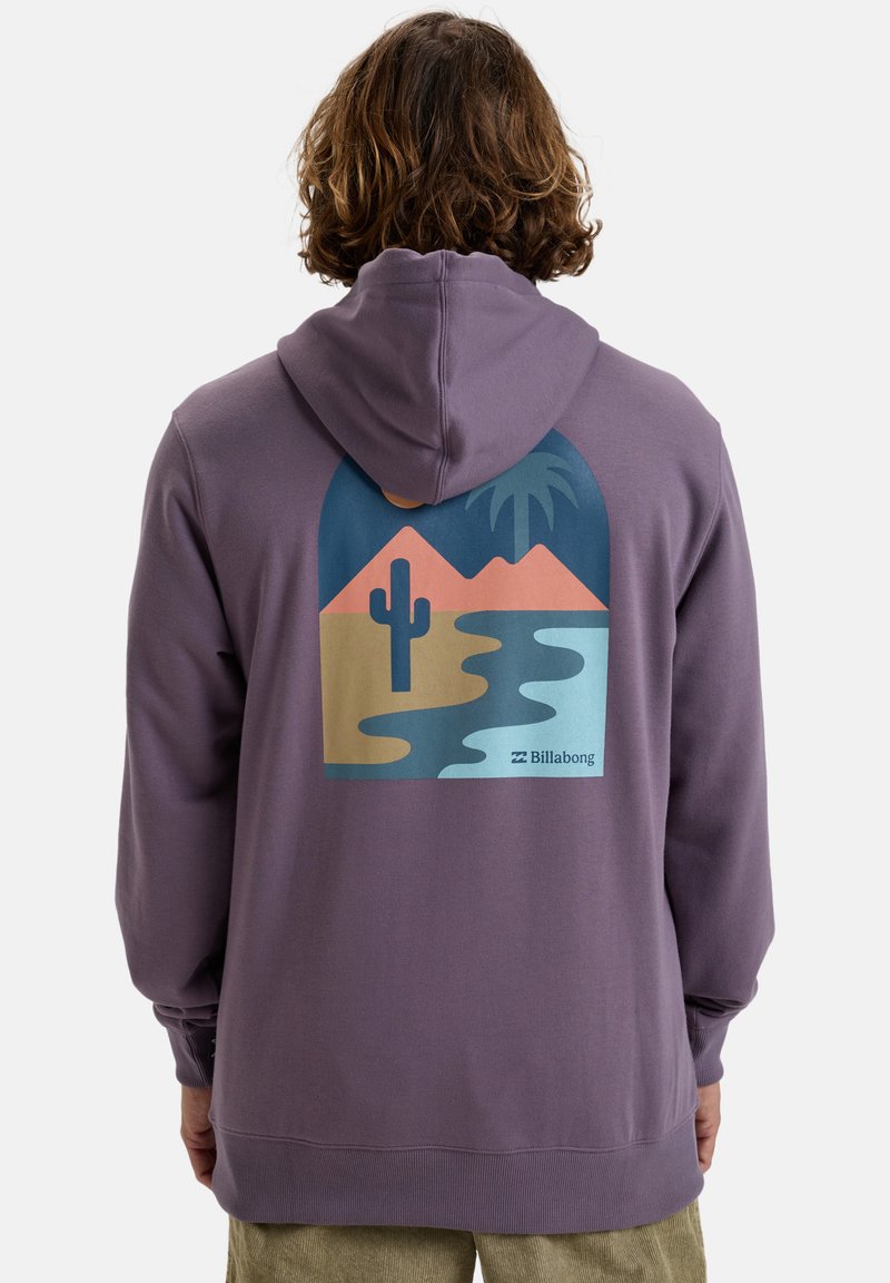 Pullover hoodie in purple with a graphic featuring mountains, a cactus, and water. Cotton blend material, adjustable drawstring hood.