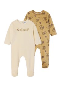 Zwei Babystrampler: einer in Creme mit einem Winnie-the-Pooh-Graphic; der andere in Braun mit einem Muster aus Pooh und Honigtöpfen. Weicher Stoff, lange Ärmel.