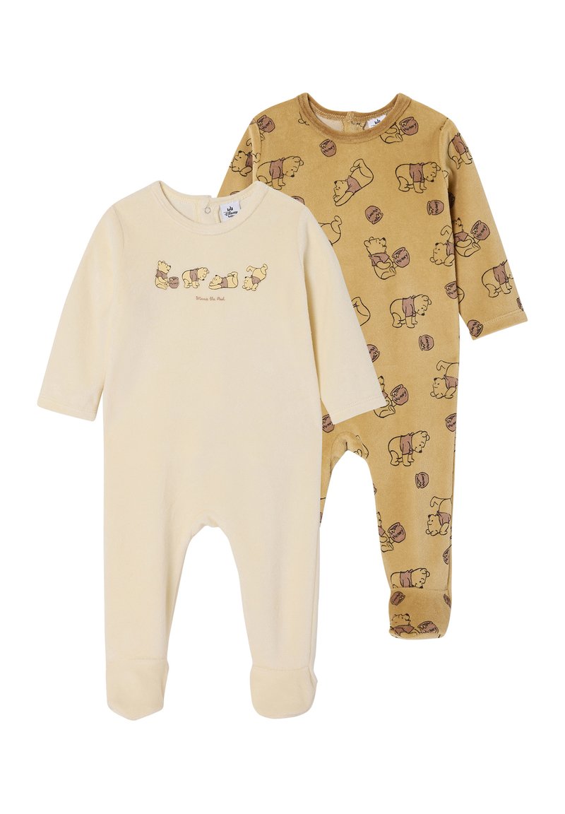 Zwei Babystrampler: einer in Creme mit einem Winnie-the-Pooh-Graphic; der andere in Braun mit einem Muster aus Pooh und Honigtöpfen. Weicher Stoff, lange Ärmel.
